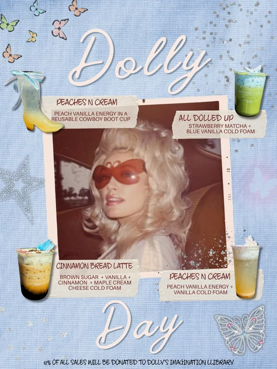 Dolly Day menu featuring Peaches N Cream, All Dolled Up strawberry matcha and a Cinnamon Bread Latte
