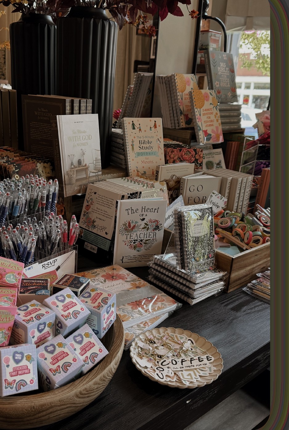 Bibles, devotionals and gifts displayed inside the cafe
